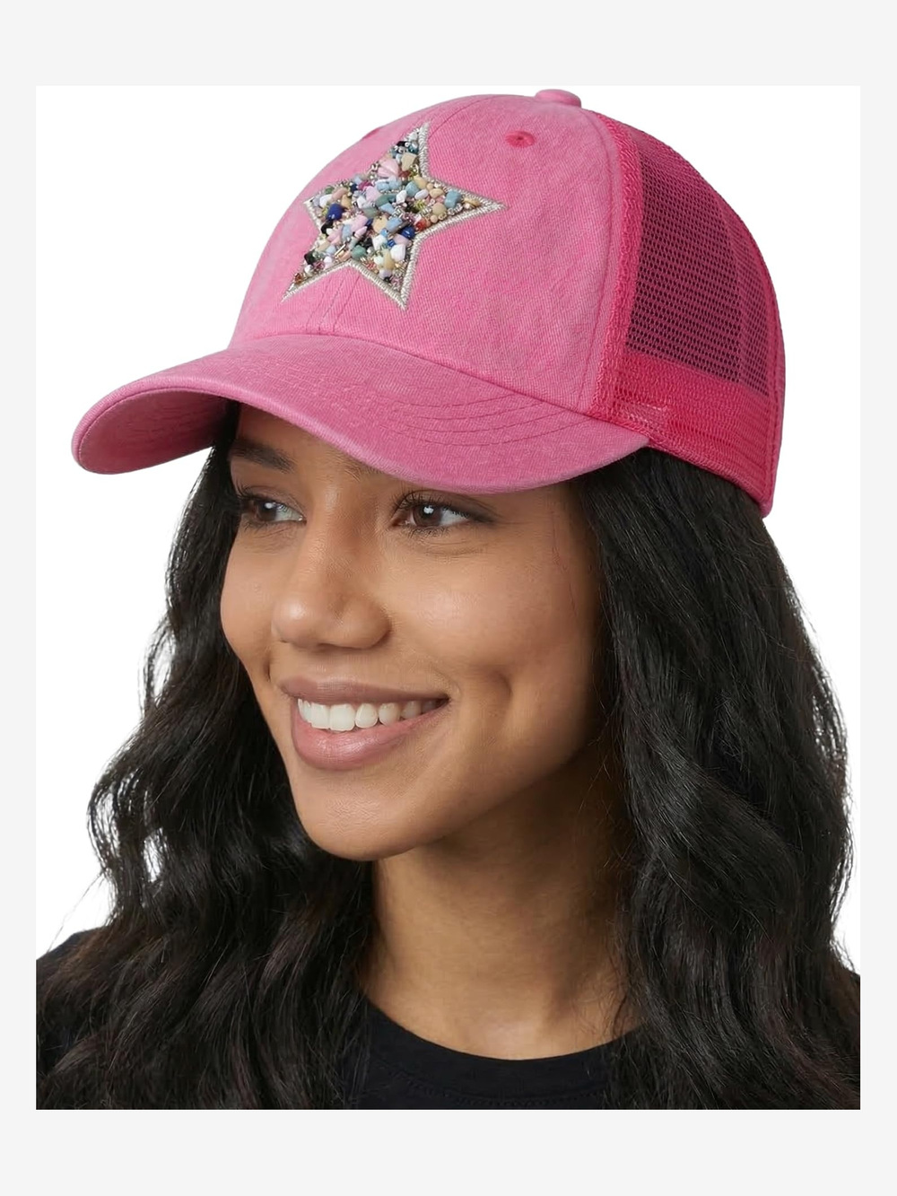Distressed Mesh Low Profile Trucker Hat | Mixed Stone Star (Hot Pink) | Size OS